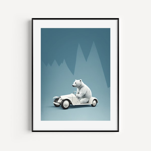 White Bear In A Car, Printable Poster, Cool Kids Poster, Room Decor, Funny Animal Print, Nursery Decor, Bear Driving A Car, Digital Download