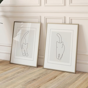Sztuka linii Cat, grafika liniowa, zestaw 2 wydruków, plakat z kotem, neutralna sztuka ścienna, plakat do druku, sztuka ścienna z kotem, minimalistyczny, sztuka kota