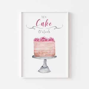 Wydruk z pieczeniem, Wydruk z tortem, Wydruk z napisem „It&#39;s Cake O&#39;clock”, Zabawny plakat z pieczeniem, Sztuka ścienna do kuchni, Dekoracja piekarnicza, Prezent dla miłośnika pieczenia, Różowy wydruk z pieczeniem