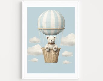 Cute Teddy Bear In Hot Air Balloon Print, Nursery Wall Decor, Instant Download, Nursery Art, Toddler Wall Art, Printable Poster, Baby Room