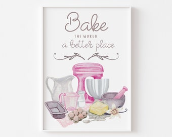 Baking Art Print: Pink Retro Kitchen Wall Decor, Bake the World Poster ...