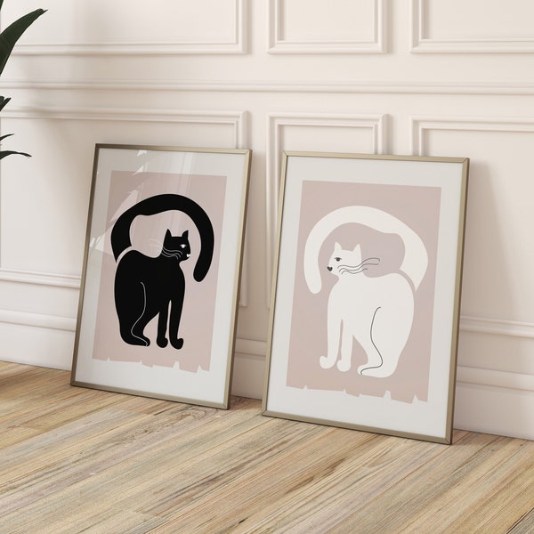 Abstract Cat Prints, Set Of 2 Prints, Matisse Style, Neutral Wall Art, Neutral Print, Black Cat Print, White Cat Print, Cat Wall Art