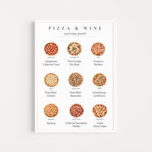 Impresión de guía de maridaje de pizza y vino, póster de tipos de vino, regalo para amantes del vino, decoración de la pared del restaurante, regalo para amantes de la pizza, decoración de la pared del comedor de la cocina