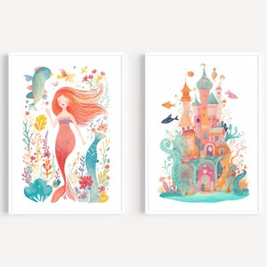 Set of 2 Nursery Mermaid Prints, Underwater Palace Print, Kids Room Wall Decor, Nursery Wall Art, Girls Room Decor, Mermaid Wall Decor