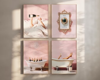 May include: Four framed art prints with a pink background. One print shows a person pouring champagne in bed. Another features a champagne bottle in a decorative frame. The other two prints show a bathtub with champagne bottles and a person in a bathtub with champagne.