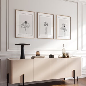 Conjunto de 3 impresiones de arte de línea floral, arte lineal, arte de pared neutro, póster imprimible, arte de pared floral, decoración de pared neutra, minimalista