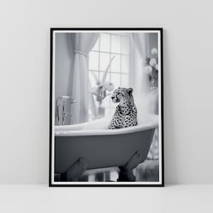 Cheetah Bathroom Poster, Cheetah In Tub Print, Bathroom Print, Bathroom Wall Decor, Black & White Print, Housewarming Gift, Animal Print