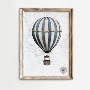 Vintage heteluchtballon afdrukbaar, avontuur thema kinderkamer kinderkamer wanddecoratie, antieke kaart afdrukken, vintage reisafdruk, afdrukbare muurkunst