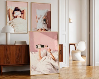 Champagne Wall Art Set: Pink Girly Glam Bedroom Prints (Digital Download)