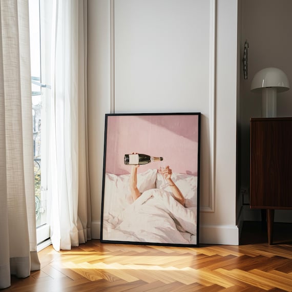 Champagne Art Print, Pink Above Bed Decor, Feminine Artwork (Digital Download)