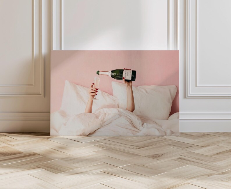 Pink Champagne Wall Art, Above Bed Decor, Feminine Painting Print (Digital Download) image 6