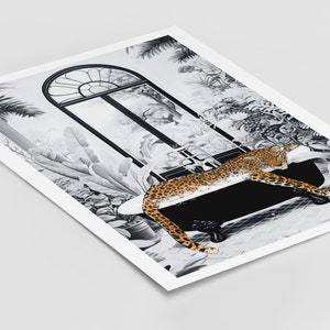 May include: A rectangular art print featuring a black and white illustration of a clawfoot bathtub set against a lush tropical background with a large arched window. A spotted leopard is lying across the black bathtub in a relaxed position.