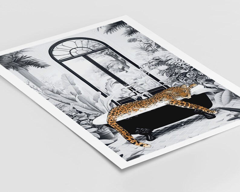 May include: A rectangular art print featuring a black and white illustration of a clawfoot bathtub set against a lush tropical background with a large arched window. A spotted leopard is lying across the black bathtub in a relaxed position.