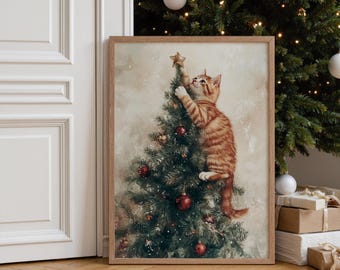 Christmas Cat Print, Vintage Holiday Wall Art, Cozy Home Decoration (Digital Download)