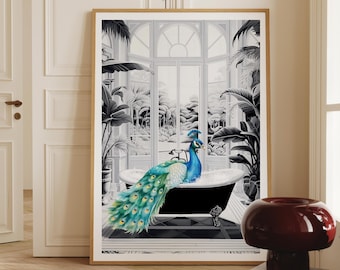 Peacock Print, Whimsical Bathroom Decor, Eclectic Artwork, Bathtub Poster (Digital Download)