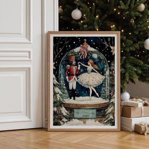 Ballerina Christmas Print, Vintage Nutcracker Ballet Wall Art, Snow Globe Holiday Decor (Digital Download)