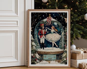 Ballerina Christmas Print, Vintage Nutcracker Ballet Wall Art, Snow Globe Holiday Decor (Digital Download)
