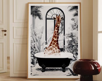 Giraffe Print, Whimsical Bathroom Decor, Eclectic Artwork, Bathtub Poster (Digital Download)