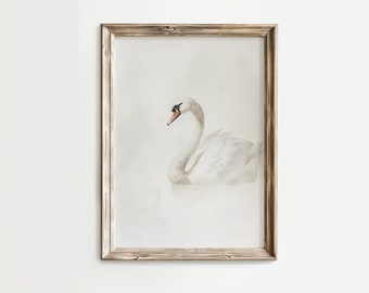 Vintage Swan Art Print, Pastel Farmhouse Watercolor Painting, Beige Wall Art, Swan Printable, Vintage Nursery Art Print,  Neutral Wall Art