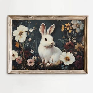 Moody Vintage Rabbit Printable Oil Painting, Dark Vintage Wall Art, Easter Farmhouse Decor, Bunny Art Print, Easter Bunny Floral Art