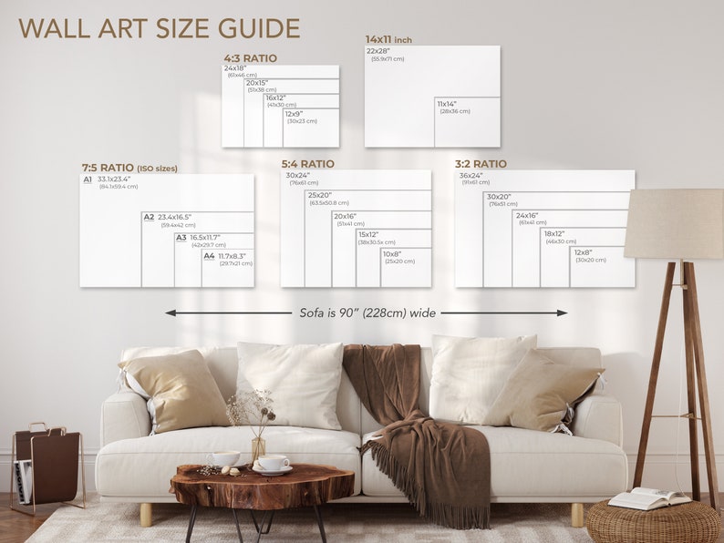 May include: A wall art size guide with various rectangular canvas sizes, including 14x11 inch, 30x24 inch, and 36x24 inch. The guide also includes the text "Sofa is 90" (228cm) wide." A white sofa with pillows and a wooden coffee table are in the foreground.