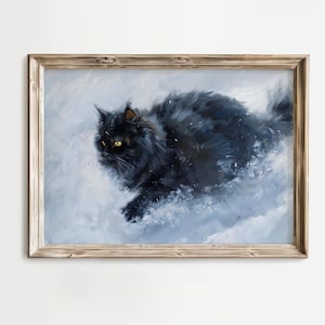 Vintage Cat Print, Black Cat Oil Painting, Cat In Snow, Antique Animal Painting, Farmhouse Whimsical Rustic Wall Art, Vintage Cat Lover Gift