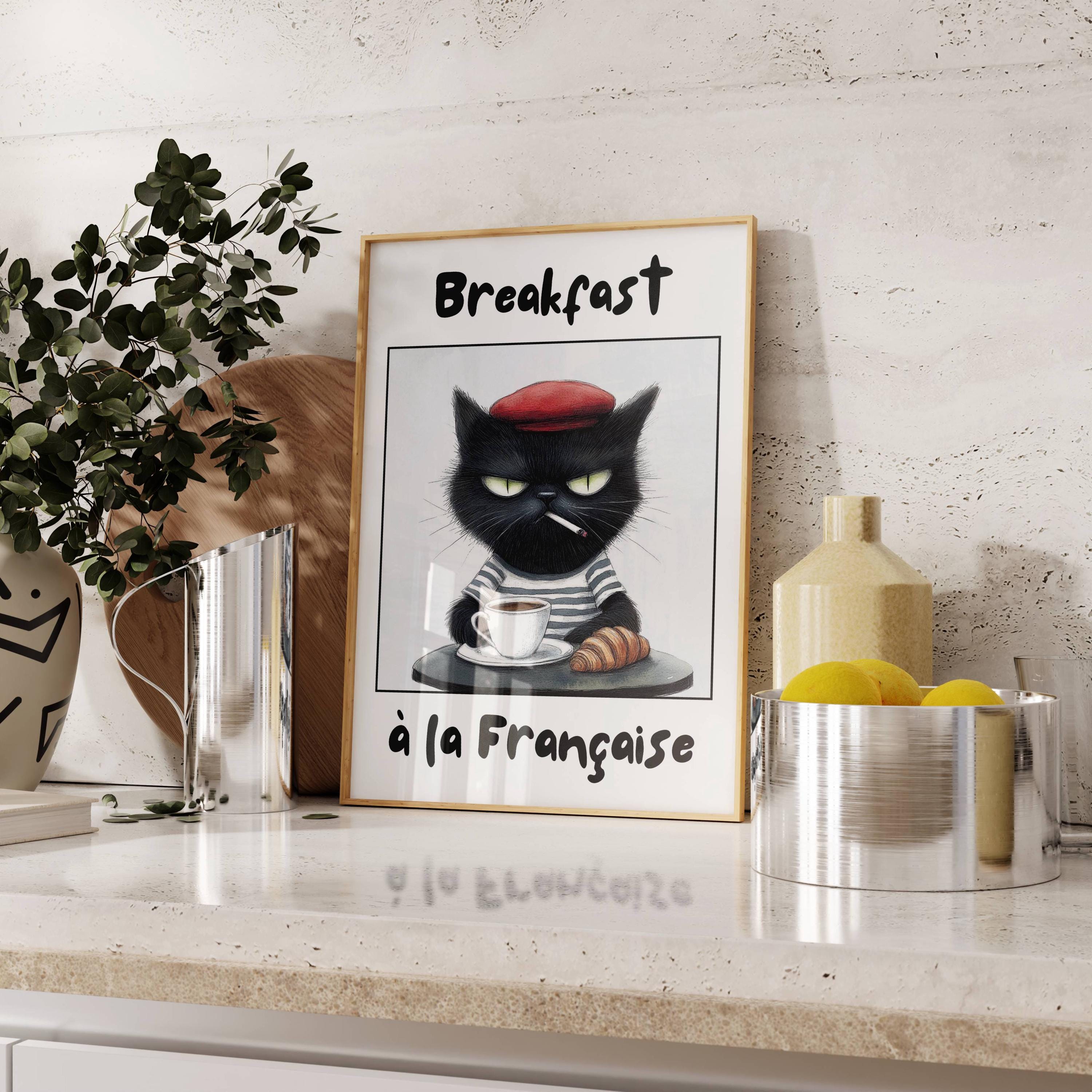 Stampa divertente con gatto nero raffigurante il caffè, poster Bonjour Mon Amour, decorazione da parete per caffè francese, graziosa decorazione per la colazione, stampa di qualità museale. - Italia