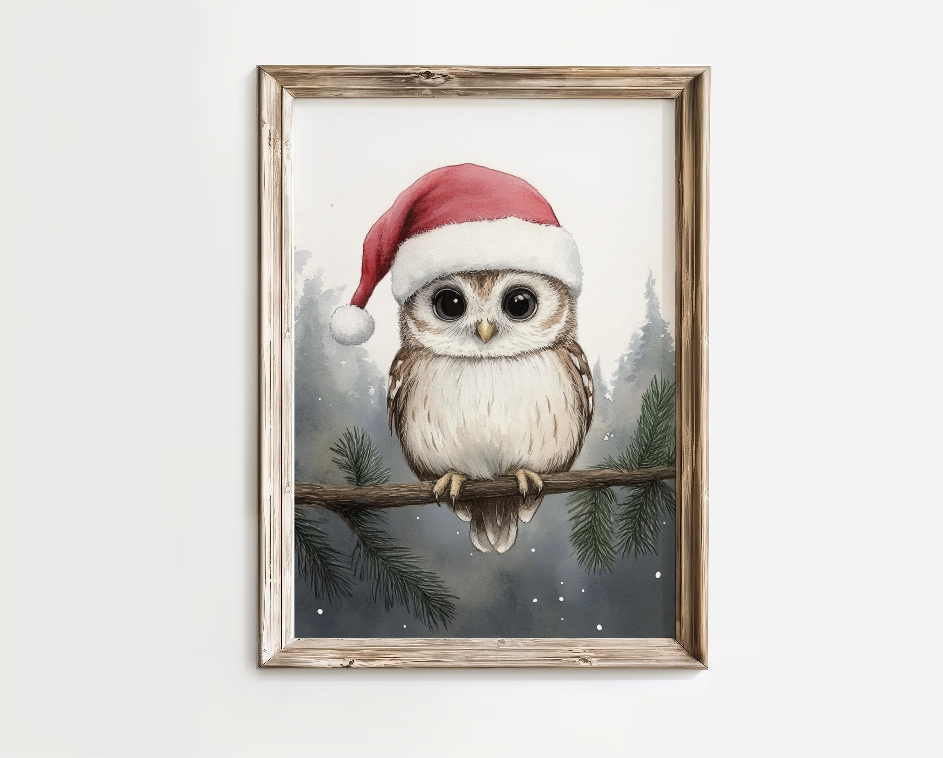Christmas Owl Print: Watercolor Holiday Wall Decor, Xmas Animal Art (Digital Download)