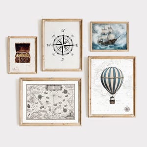 Ensemble de 5 oeuvres d'art murales imprimables de la galerie, ensemble d'affiches d'aventure d'explorateur, tirages de cartes de boussole de bateau à voile de coffre au trésor de montgolfière