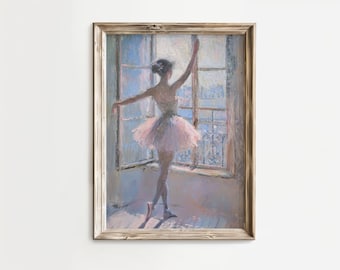 May include: A painting of a ballerina in a pink tutu standing in front of a window. The ballerina is looking out the window and has her arms raised above her head. The painting is done in a soft, pastel style.