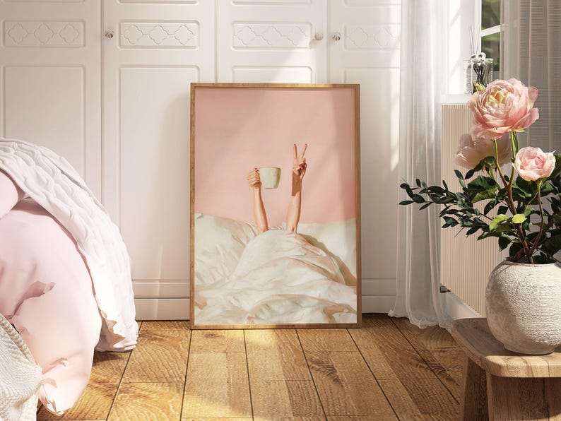 Pink Coffee Poster, Trendy Bedroom Wall Art, Above Bed Decor (Digital Download) image 1