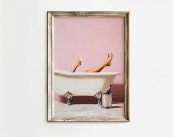 Champagne Bathtub Art Print: Girly Pink Bathroom Trendy Decor (Digital Download)