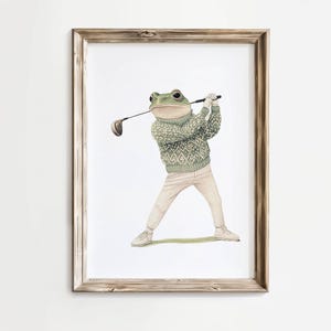 Arte de parede de sapo de golfe vintage, estampa de animal peculiar, arte de quarto infantil, presente para entusiastas de golfe, arte de parede com tema esportivo, pôster de golfe para impressão