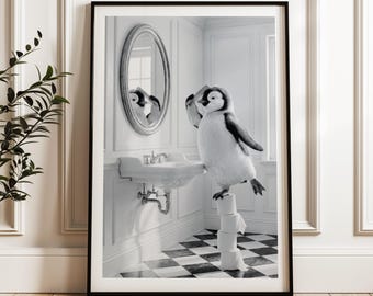 Funny Bathroom Wall Art, Surreal Penguin Print, Whimsical Toilet Poster, Humor Decor (Digital Download)