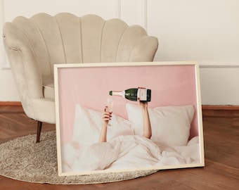 Rosa Champagner Wandbild, Über Bett Dekor, Femininer Gemälde Druck (Digitaler Download)