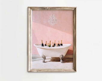 Pink Champagne Bath Print: Girly Trendy Wall Art (Digital Download)