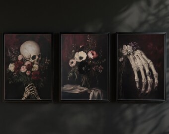Dark Academia Skull Floral Art Prints: Gothic Gallery Wall Set (Digital Download)