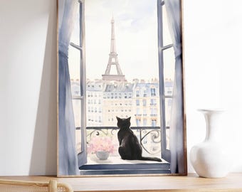 Black Cat Print, Watercolor Paris Wall Decor, Eiffel Tower Window View Art (Digital Download)