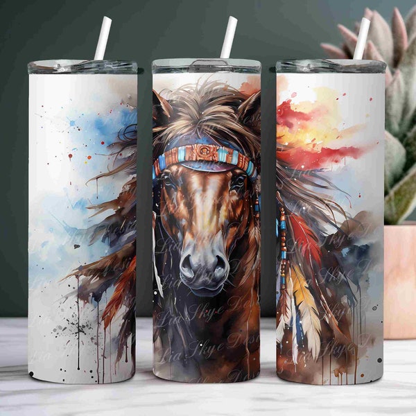 3D Native American Horse Tumbler Wrap, 20oz Skinny Tumbler Design, Sublimation Design, Instant Download