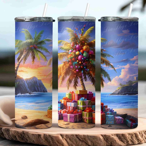 Tropical Christmas Beach Tumbler Wrap, 20 oz Skinny Tumbler Design, Sublimation Design, Instant  Download, High Resolution 300 DPI PNG