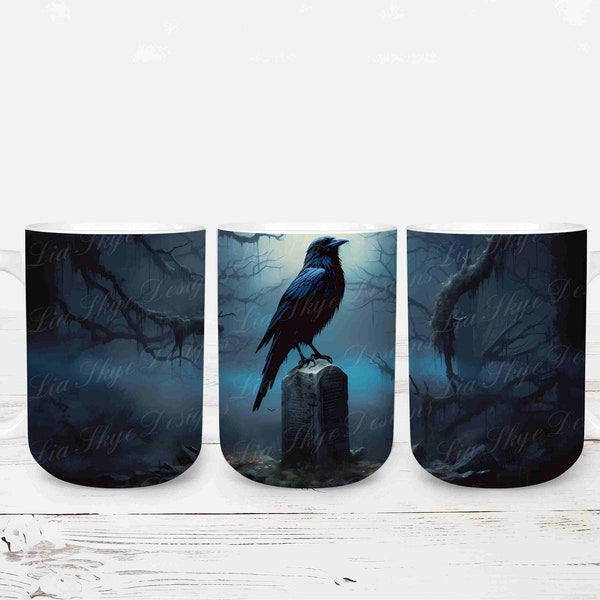 Raven Tombstone Halloween Mug Wrap, 15 oz mug design, Sublimation Design, Instant Download, High Resolution 300 DPI PNG