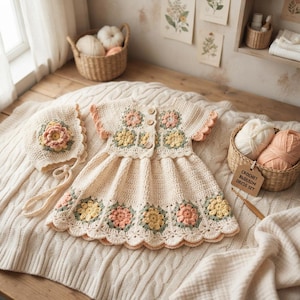May include: A cream-colored crochet dress set featuring a matching bonnet, adorned with pastel pink, yellow, and sage green floral motifs. The dress has short sleeves, a scalloped hem, and three buttons down the front. A tag reads CROCHET BLOSSOM DRESS SET.