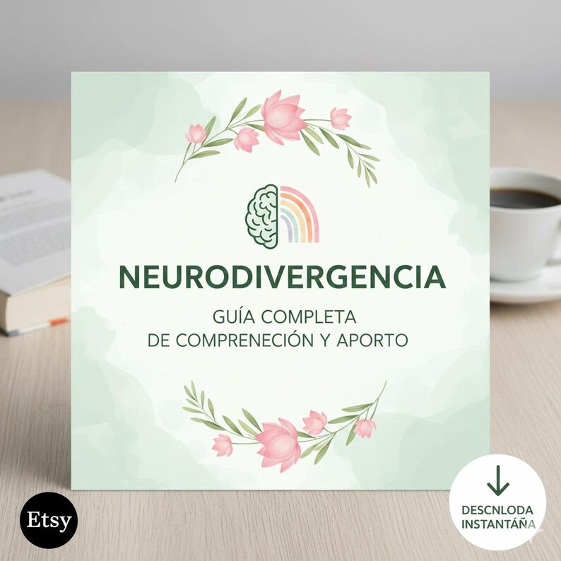 May include: A square, light green digital print with the words "NEURODIVERGENCIA" and "GU&Iacute;A COMPLETA DE COMPRENSI&Oacute;N Y APORTO" in dark green. The design includes a brain and rainbow graphic, floral accents, and the Etsy logo.
