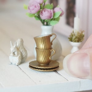 Set of 2 Gold Teacups and Saucers 1:12 Scale | Dollhouse Miniature Kitchenware