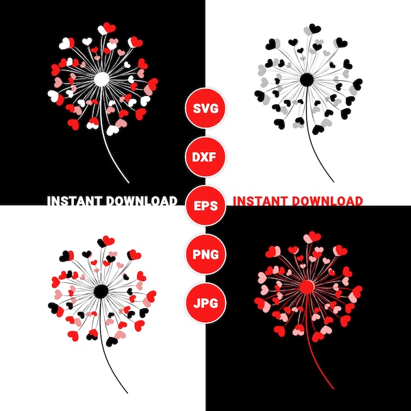 Dandelion SVG, Love Hearts SVG, Valentine Shirt Svg for Cricut and Sublimation Designs Downloads - Instant Download Svg, Eps, Png, Jpg, Dxf