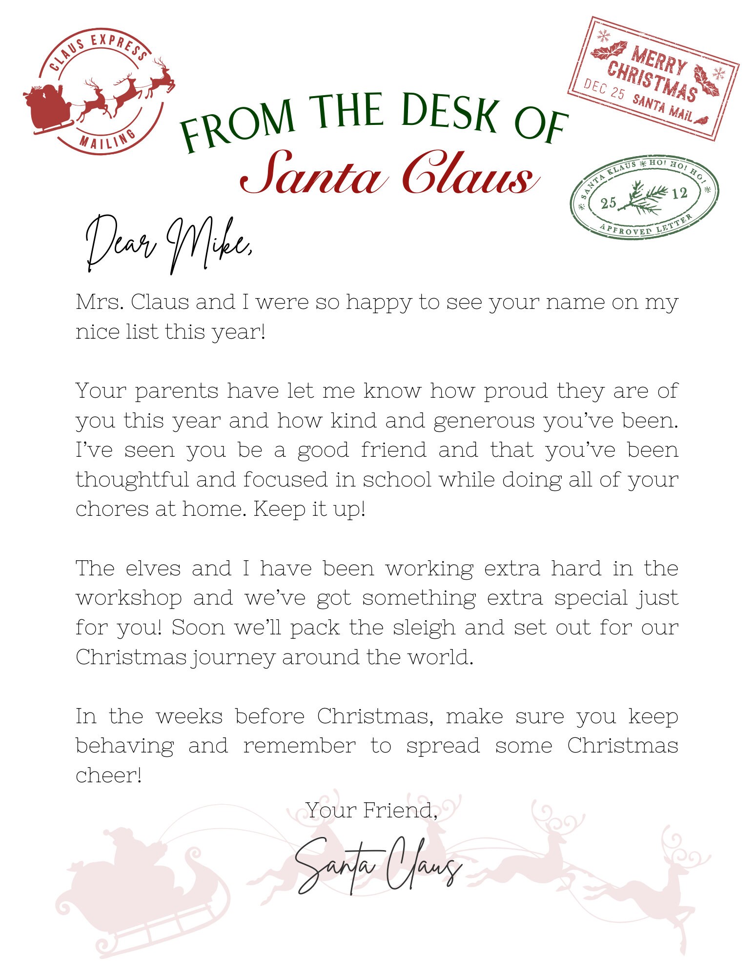 Instant Download Customizable Letter From Santa - Printable, DIY ...