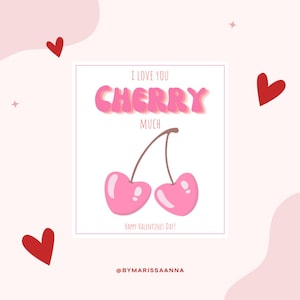 Printable I Love You Cherry Much Valentine | Funny Fruit Pun Valentine&#39;s Day Card | Simple Printable Valentine for Kids | Pink Cherry Card