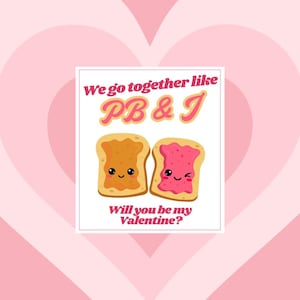 Afdrukbaar We Go Together zoals PB&J Valentijnsdagkaart, schattige Peanut Butter and Jelly Card voor vrienden, school en kind Valentijnsdag