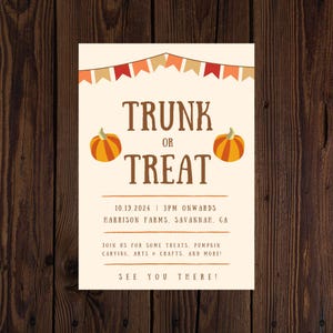 EDITABLE Fall Trunk or Treat Invitation, Printable Halloween Invitation, Kids Halloween, Invite Template, Community Halloween Event