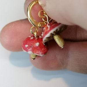Handmade Mushroom Dangle Earrings: Gold Plated Huggies, Polymer Clay